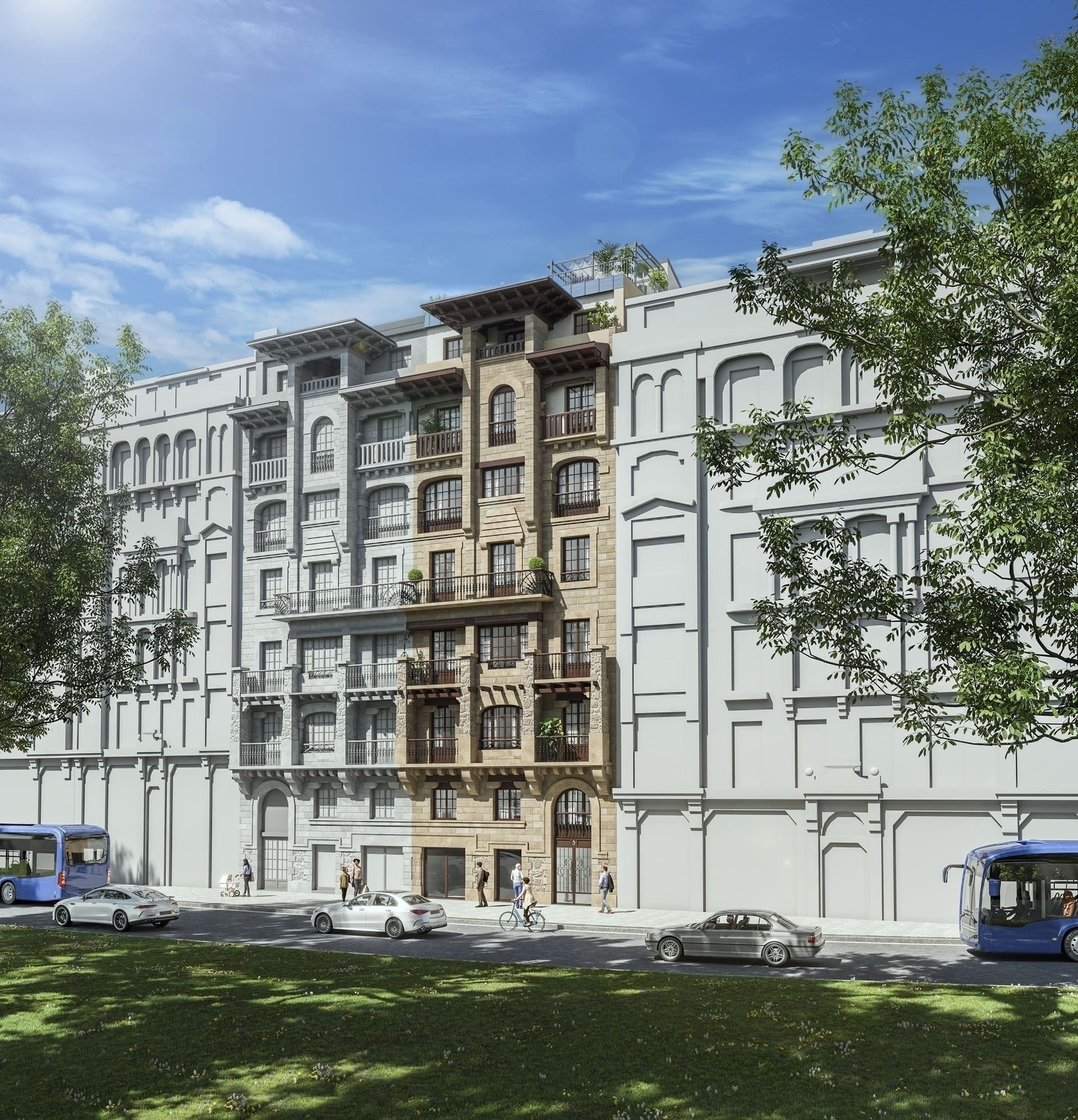 Imagen /content/edificio-plaza-donostia/Centenario_calle_desde_parque_Final.jpg del proyecto Edificio Plaza